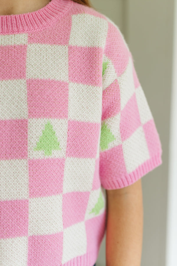 Girls: Love Like That Pink Checkered Crop Sweater