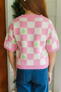 Girls: Love Like That Pink Checkered Crop Sweater