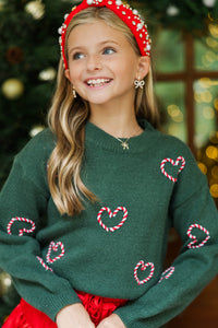 Girls: The Laura Emerald Candy Cane Heart Sweater