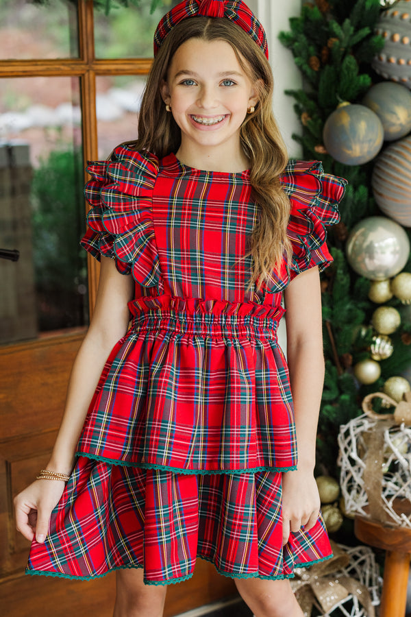 Girls: The Blaire Red Plaid Scalloped Dress