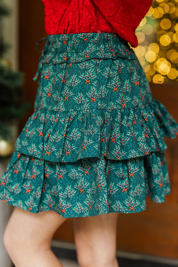 Girls: Take The Leap Emerald Holly Print Ruffled Skort