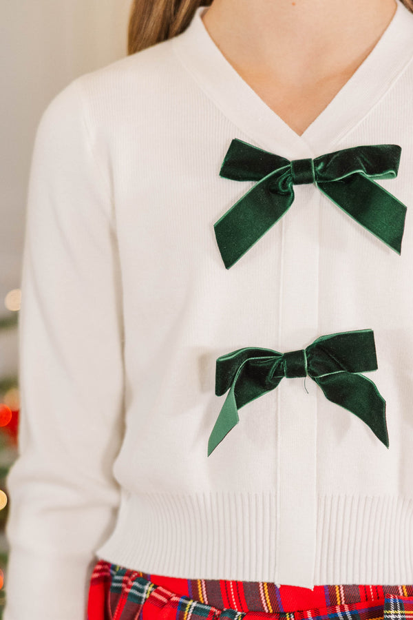 Girls: The Harlow Cream White Bow Cardigan