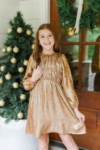 Girls: AnnaBelle Gold Textured Foiled Smocked Dress