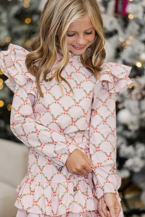 Girls: The Gina Pink Garland & Bow Print Blouse