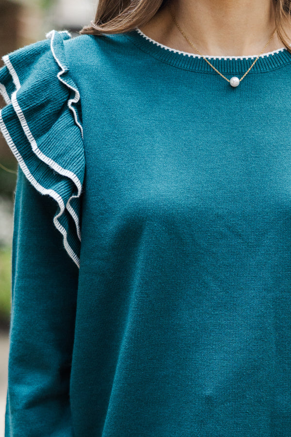 See You There Teal Blue Ruffled Sweater