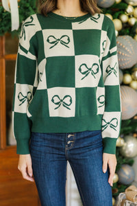 You're A Gift Hunter Green Ribbon Checkered Sweater