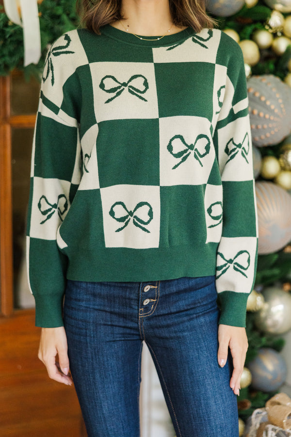 You're A Gift Hunter Green Ribbon Checkered Sweater