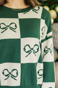 You're A Gift Hunter Green Ribbon Checkered Sweater