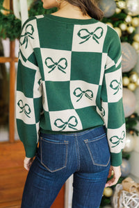 You're A Gift Hunter Green Ribbon Checkered Sweater