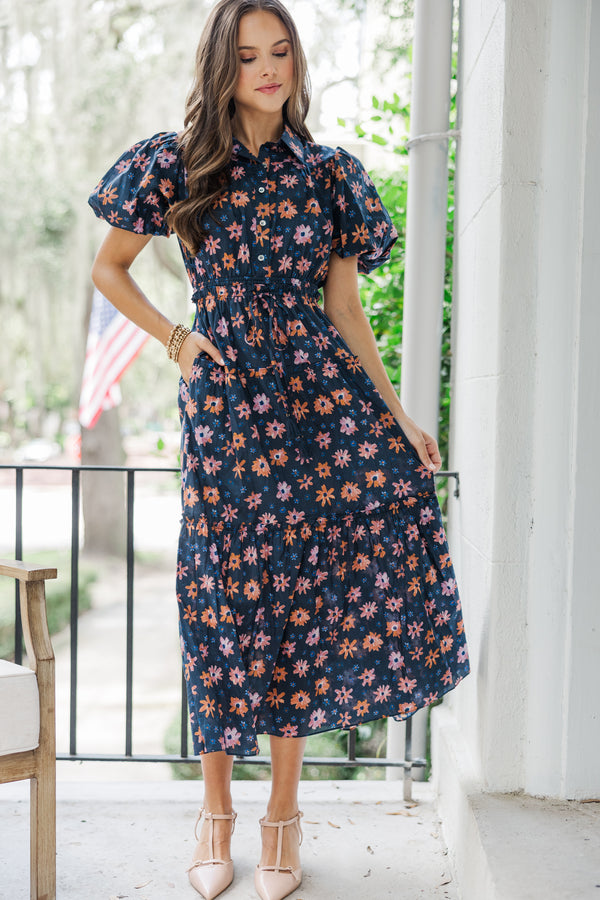 Pinch Looking Your Way Navy Blue Floral Midi Dress Large The Mint Julep Boutique Women s Boutique Clothing