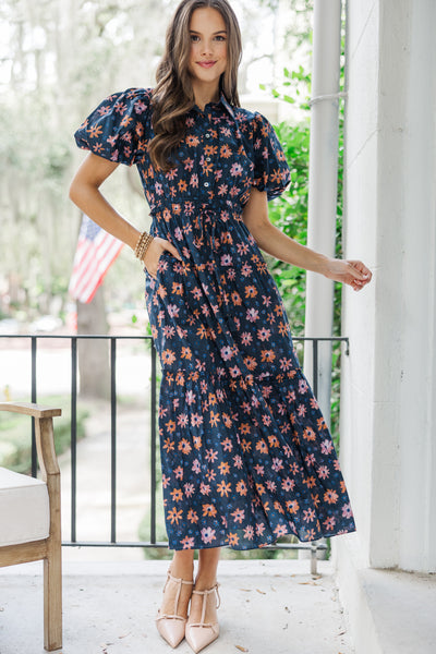 navy floral midi dress BRANDY V NECK SHORT FLUTTER SLEEVE DIPPED HEM No Stretch Navy and Cream Vintage Floral