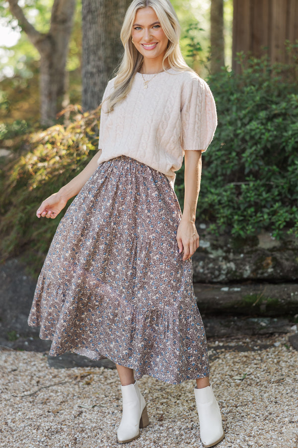 Just One Chance Brown Ditsy Floral Midi Skirt