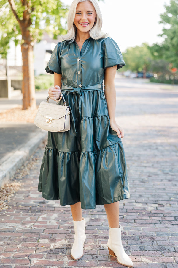 Pinch More For You Hunter Green Faux Leather Midi Dress Shop the Mint