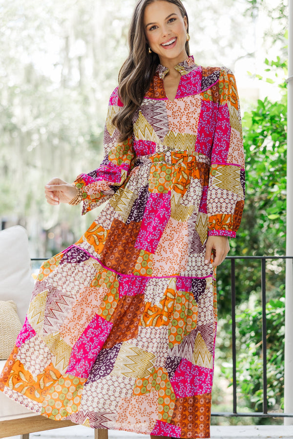 Fate: Happy For You Fuchsia Pink Patchwork Midi Dress, Small - The Mint Julep Boutique