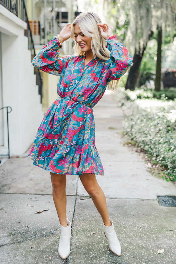 Fate: It's Your Year Teal Blue Foral Dress