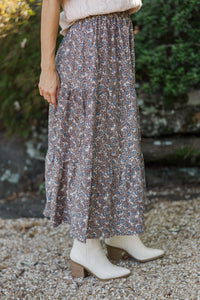 Just One Chance Brown Ditsy Floral Midi Skirt