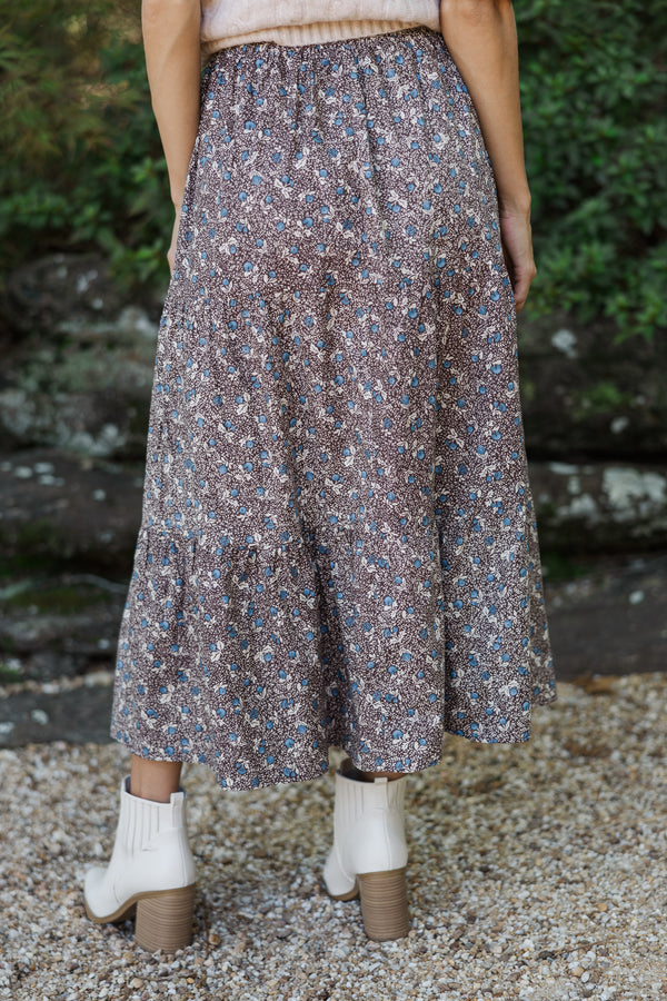 Just One Chance Brown Ditsy Floral Midi Skirt