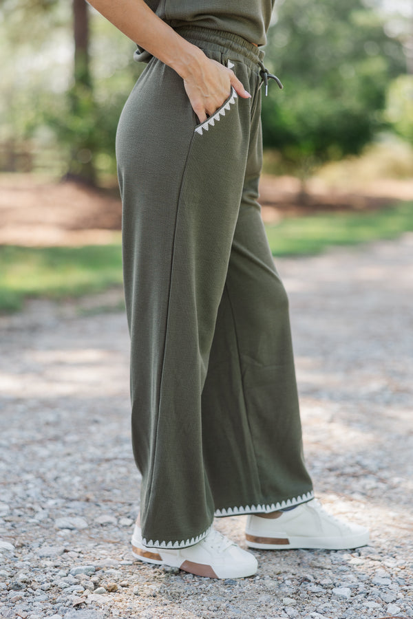 All Worth It Olive Green Embroidered Pants