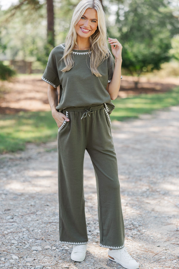 All Worth It Olive Green Embroidered Pants