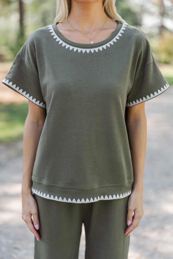 All Worth It Olive Green Embroidered Top