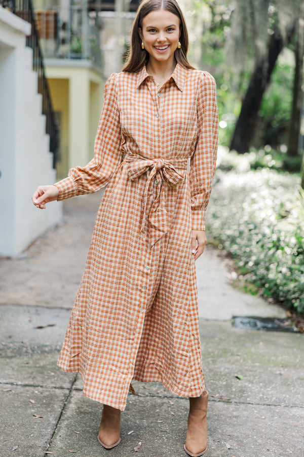 Harvest Wishes Rust Orange Gingham Midi Dress