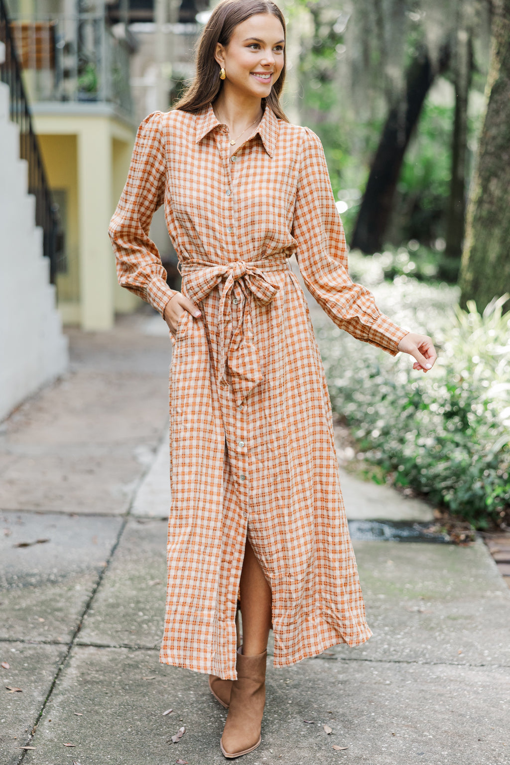 gingham long sleeve dress Harvest Wishes Rust Orange Midi – Shop the Mint Liza Sequin Long Tank Web Only Crafted with a modest Name/Description:Nicole Deposit - Structured Mikado Gown
