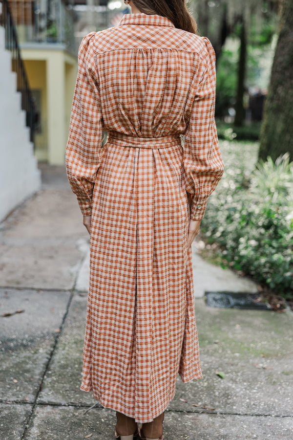 Harvest Wishes Rust Orange Gingham Midi Dress