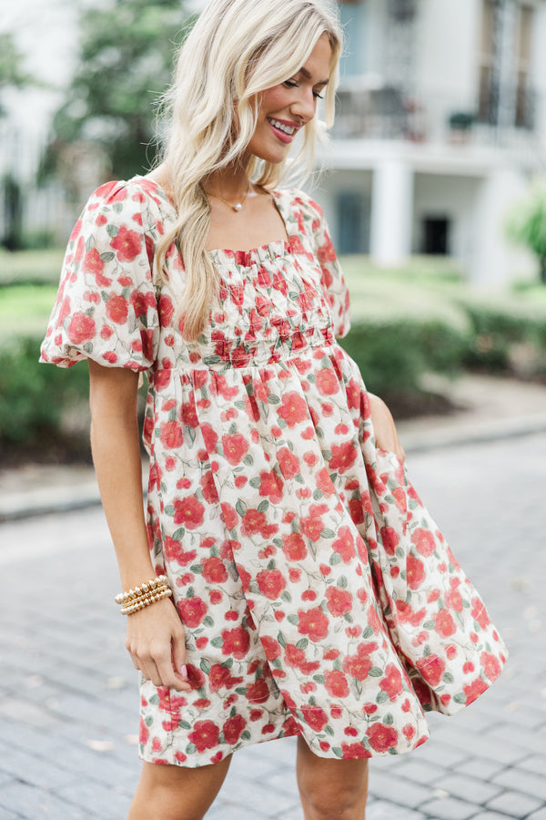 red baby doll dress What A Doll Brick Red Floral Babydoll Dress – Shop the Mint
