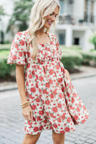 red baby doll dress What A Doll Brick Red Floral Babydoll Dress, Small - The Mint Julep Boutique