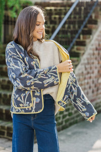 Whatever You Want Navy Blue Floral Quilted Jacket