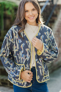 Whatever You Want Navy Blue Floral Quilted Jacket