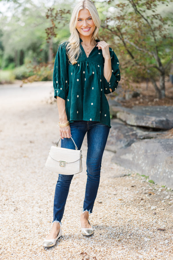 All About You Hunter Green Embroidered Blouse