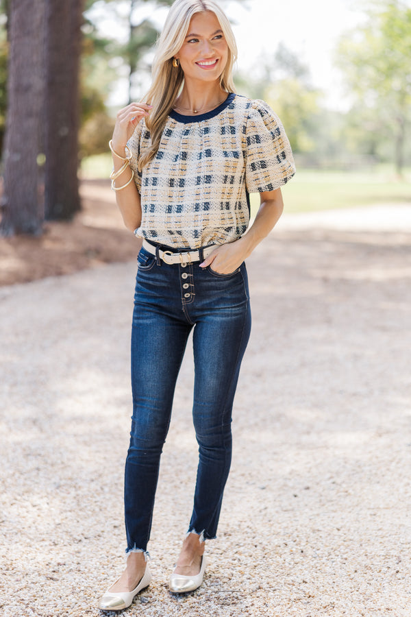 All In Your Head Navy Blue Tweed Blouse