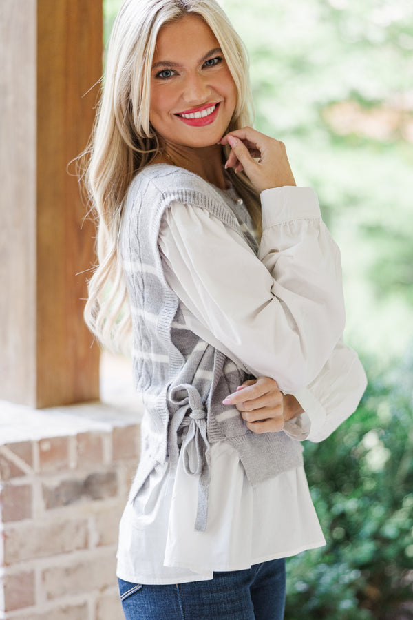 HEATHER GREY/WHITE STRIPE 3/4 ZIP SWEATER