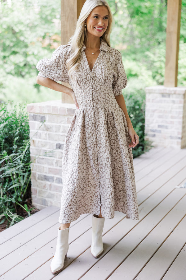 All Going To Plan Taupe Floral Brocade Midi Dress