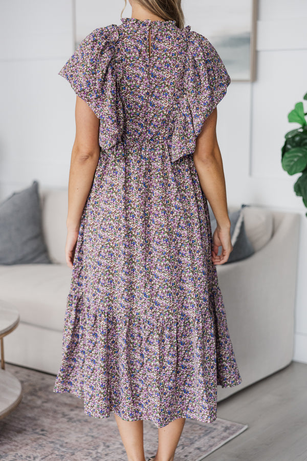 NURSING COLLECTION: All The Good Plum Ditsy Floral Ruffled Midi Dress