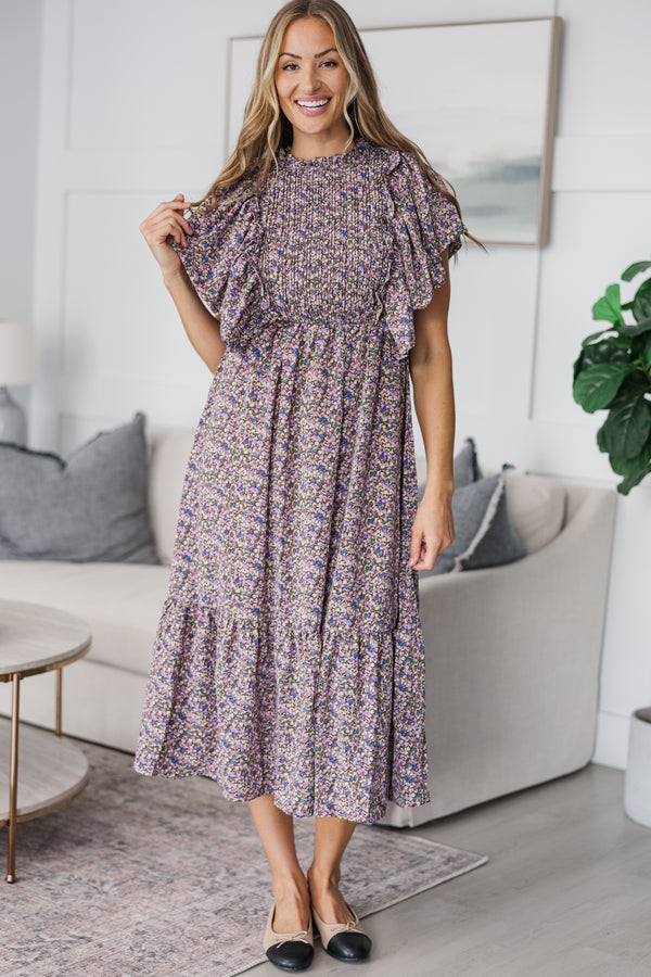 NURSING COLLECTION: All The Good Plum Ditsy Floral Ruffled Midi Dress