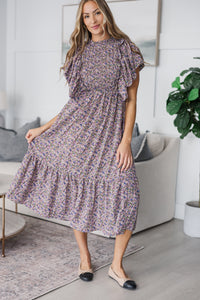 NURSING COLLECTION: All The Good Plum Ditsy Floral Ruffled Midi Dress