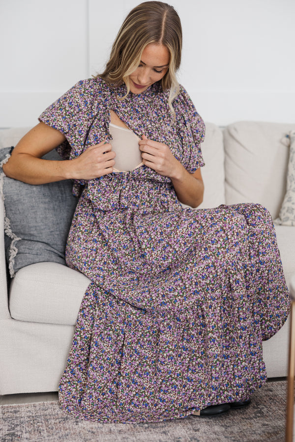 NURSING COLLECTION: All The Good Plum Ditsy Floral Ruffled Midi Dress