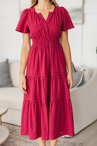 NURSING COLLECTION: It's In The Air Burgundy Red Tiered Midi Dress