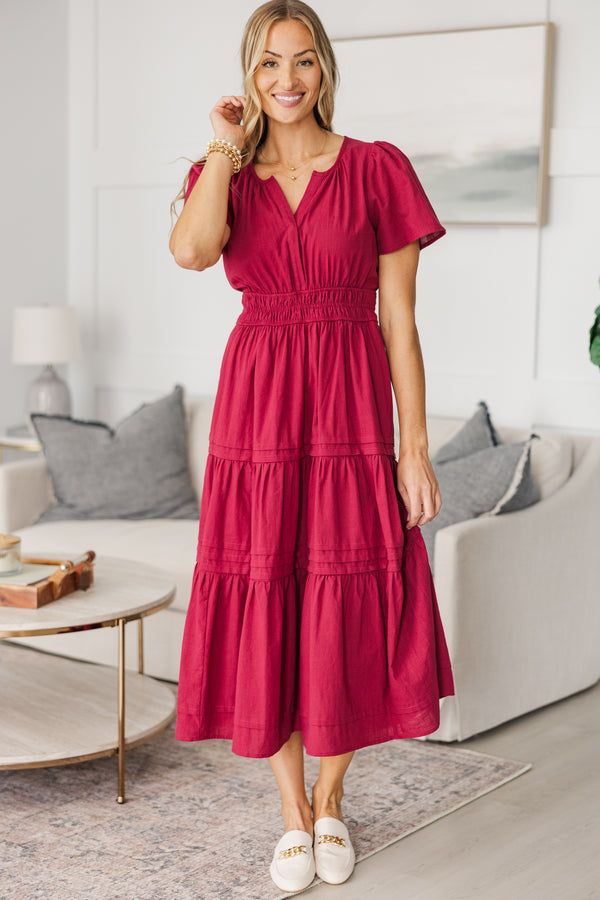 NURSING COLLECTION: It's In The Air Burgundy Red Tiered Midi Dress