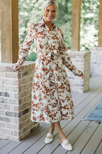 Fate: On Call Ivory/Brown Floral Midi Dress