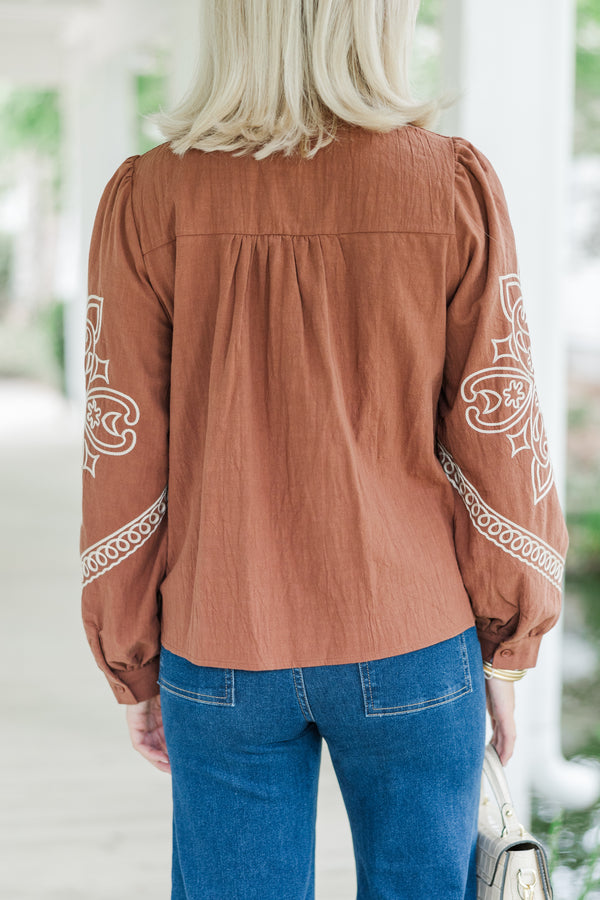 Western Discovories Mocha Brown Embroidered Blouse