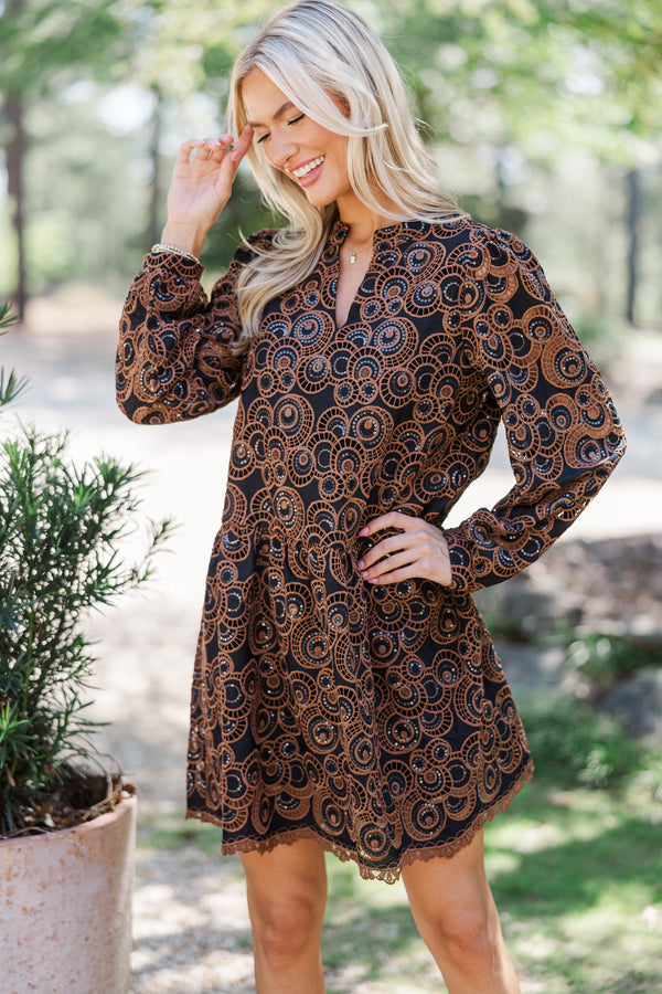 Out In Space Brown Embroidered Dress