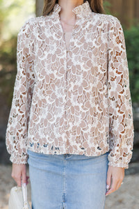 Feeling The Love Taupe Crochet Blouse