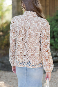 Feeling The Love Taupe Crochet Blouse