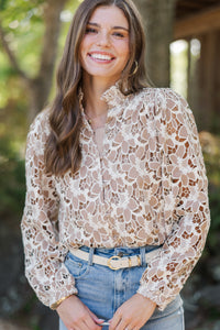 Feeling The Love Taupe Crochet Blouse