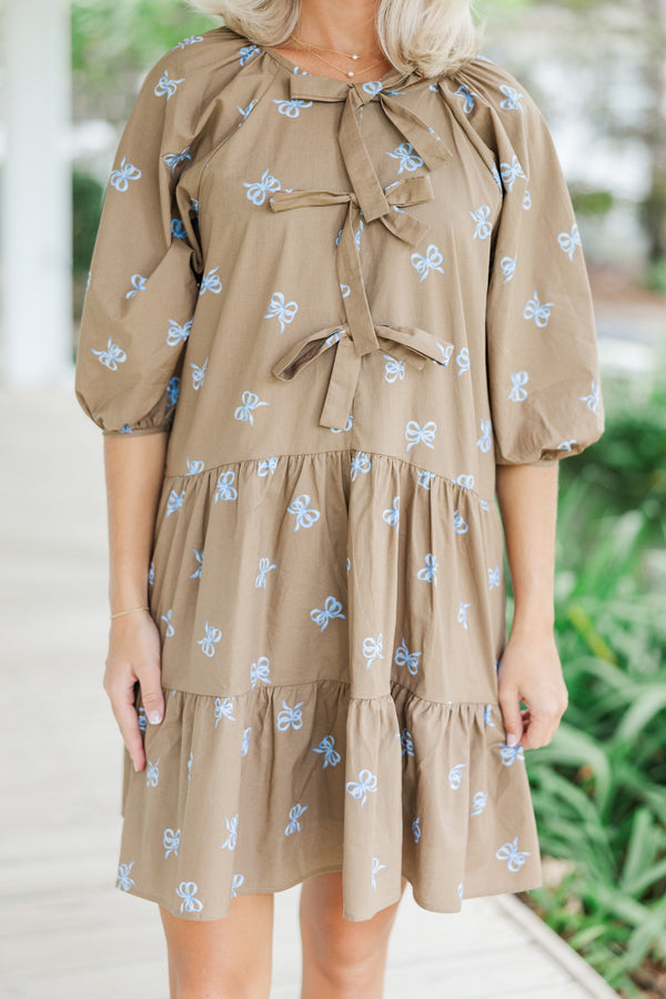 Start Your Day Brown Bow Print Dress