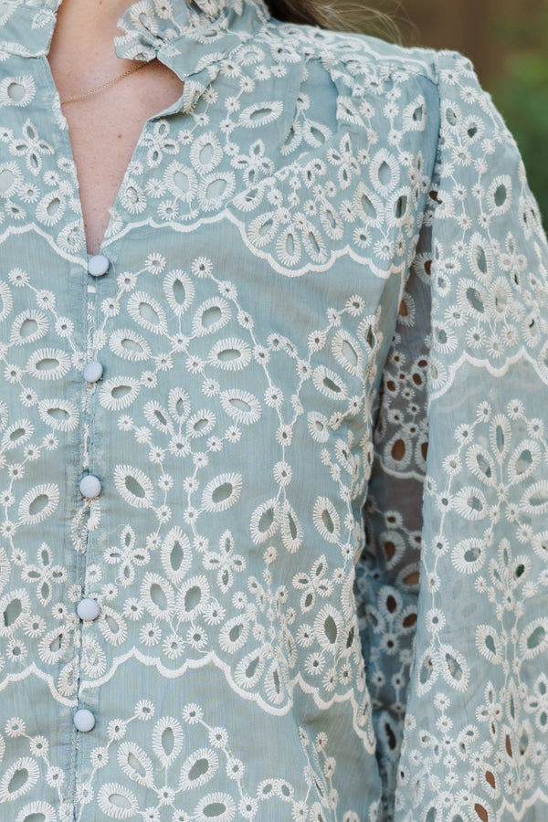 Can't Get Away Dark Sage Eyelet Blouse