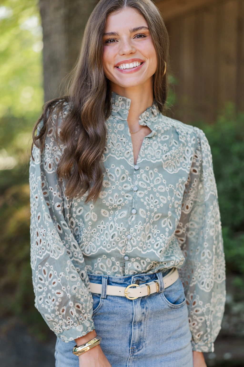 Can't Get Away Dark Sage Eyelet Blouse – Shop the Mint